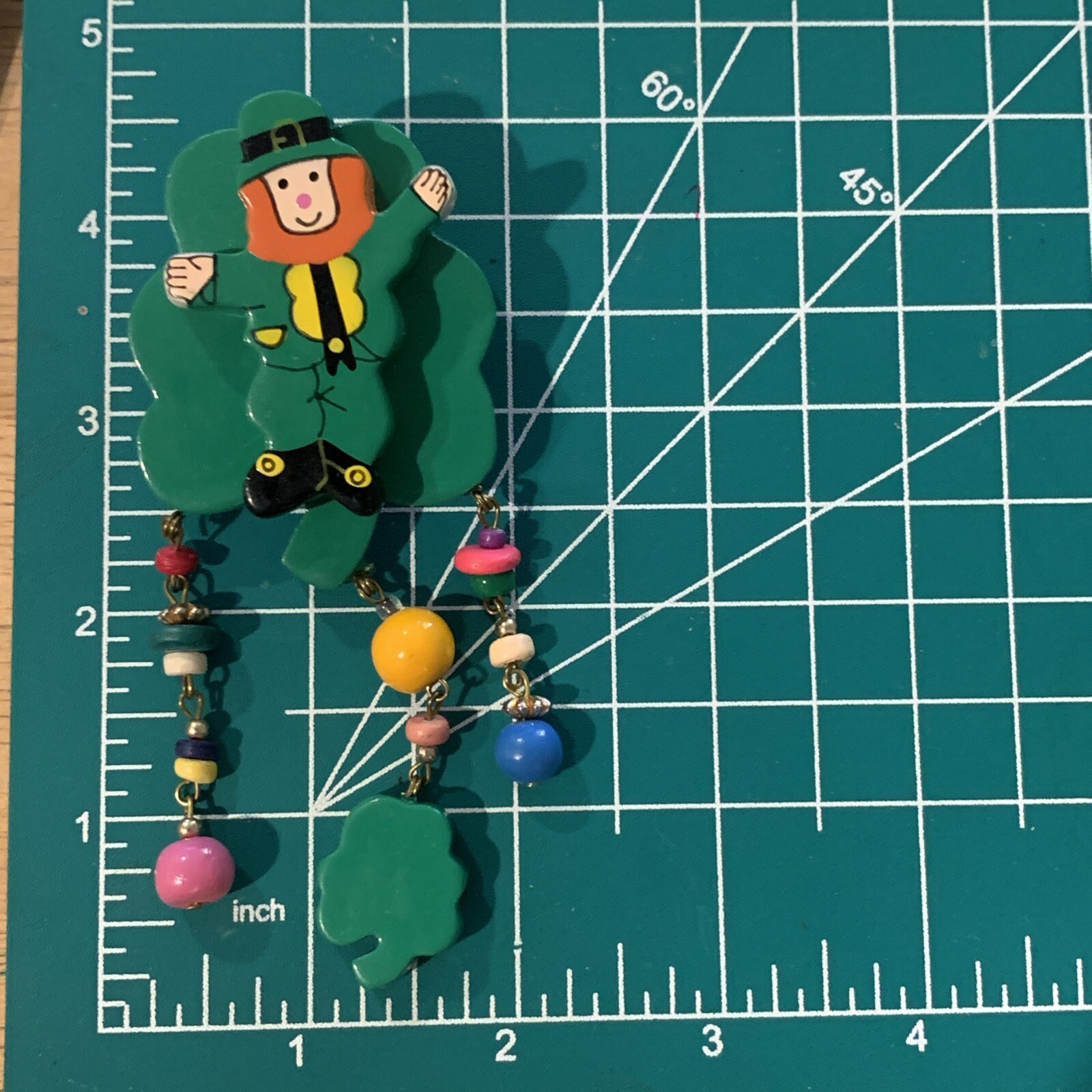 Wooden St Patrick’s Day Leprechaun Shamrock Dangle Charms Brooch