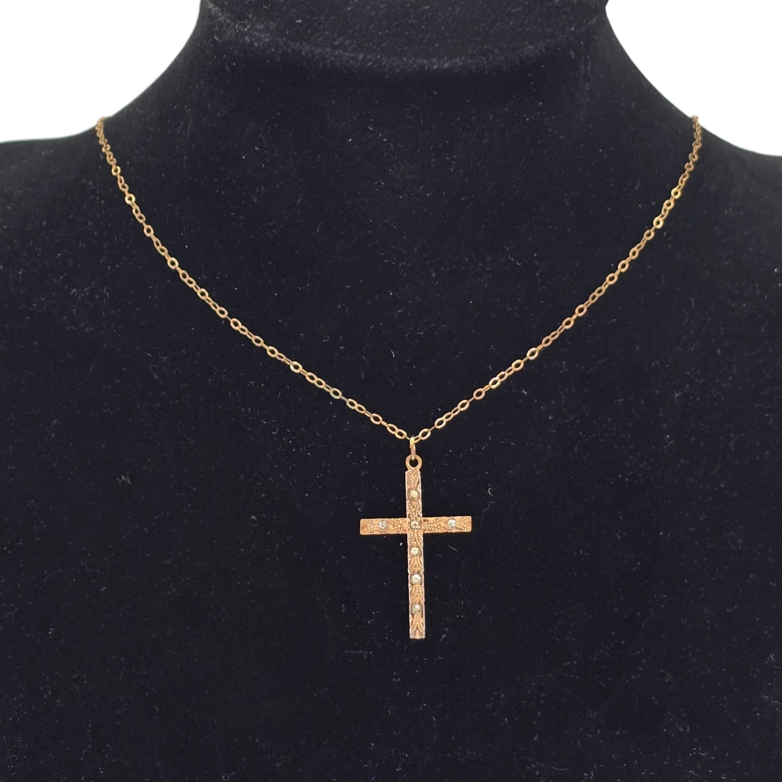Antique Victorian Gold Filled GF Rhinestone Religious Cross Pendant Necklace