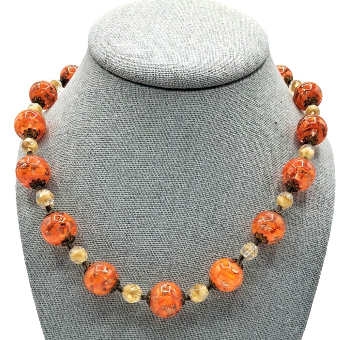 Vintage Murano Glass Necklace Orange Gold Givre Clear Cream Beaded Single Strand