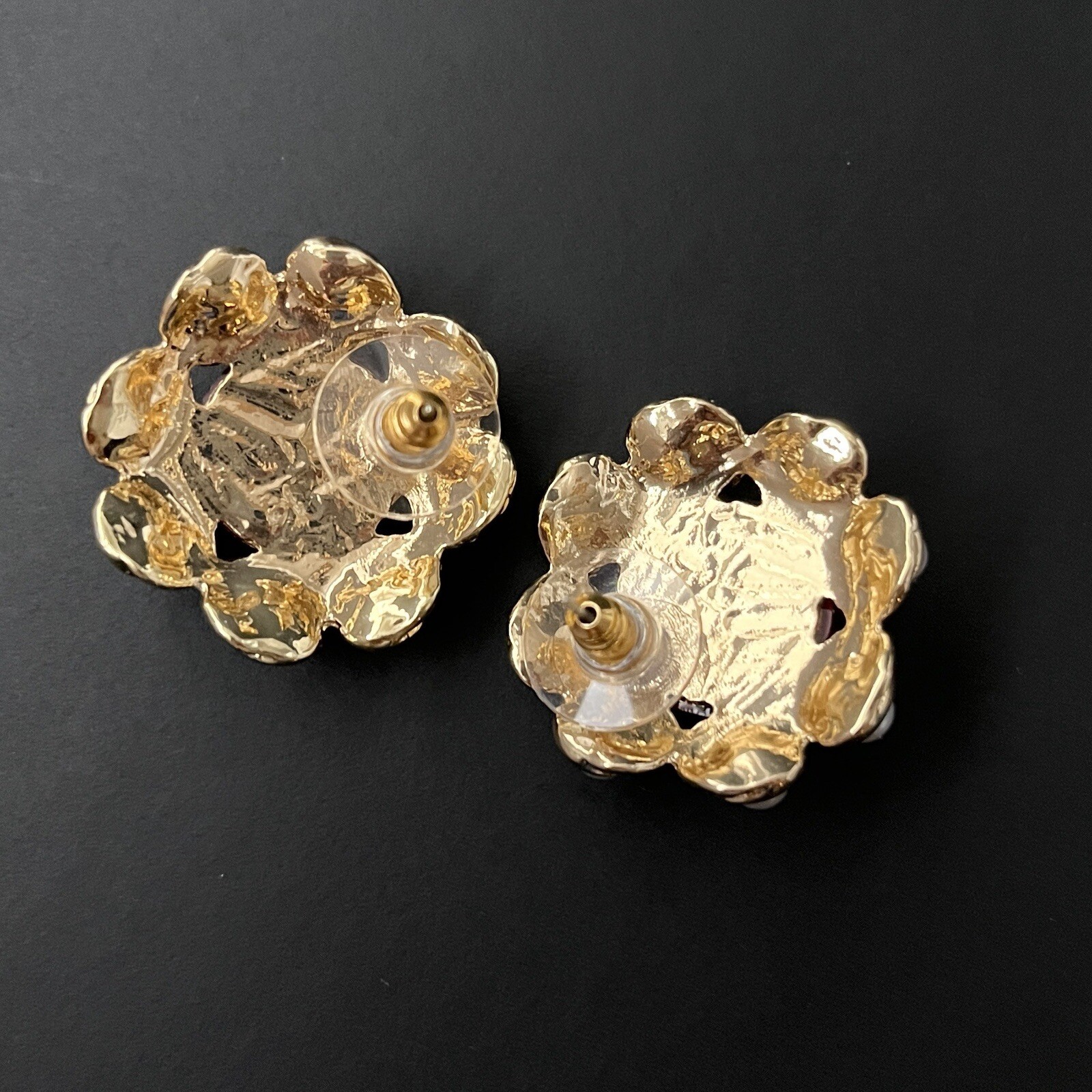 Etruscan Gripoix Style Earrings Gold Red Cabochon Faux Pearl Pierced Byzantine