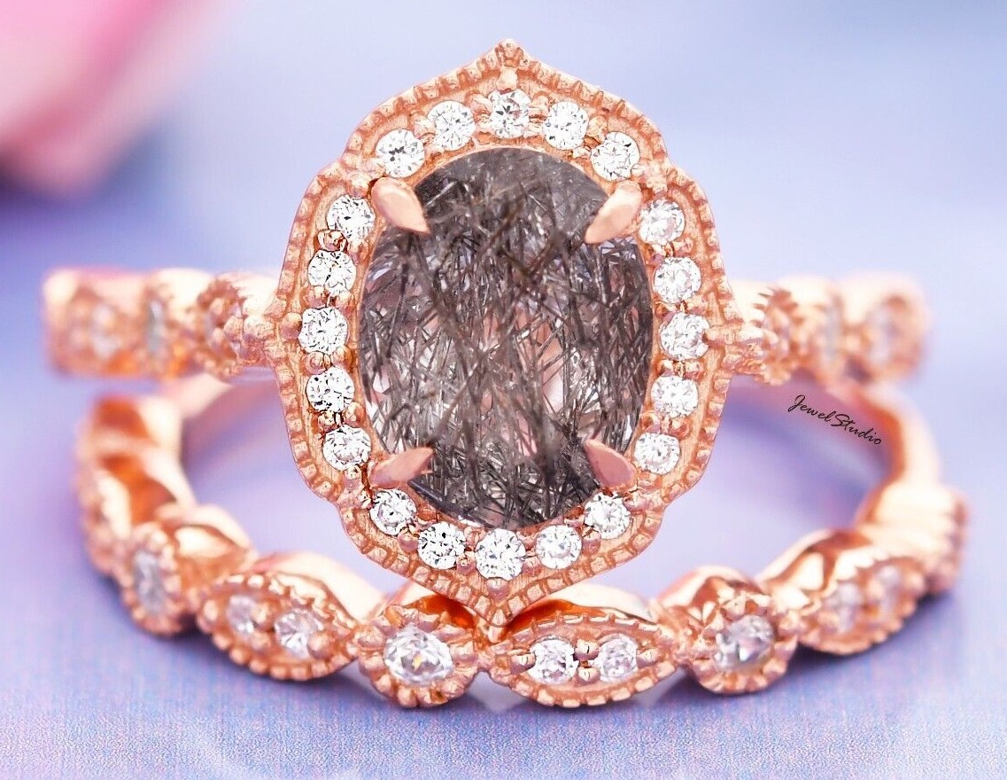 2PCS Black Rutile Ring Engagement band Ring Bridal Ring Black Diamond Ring Gifts