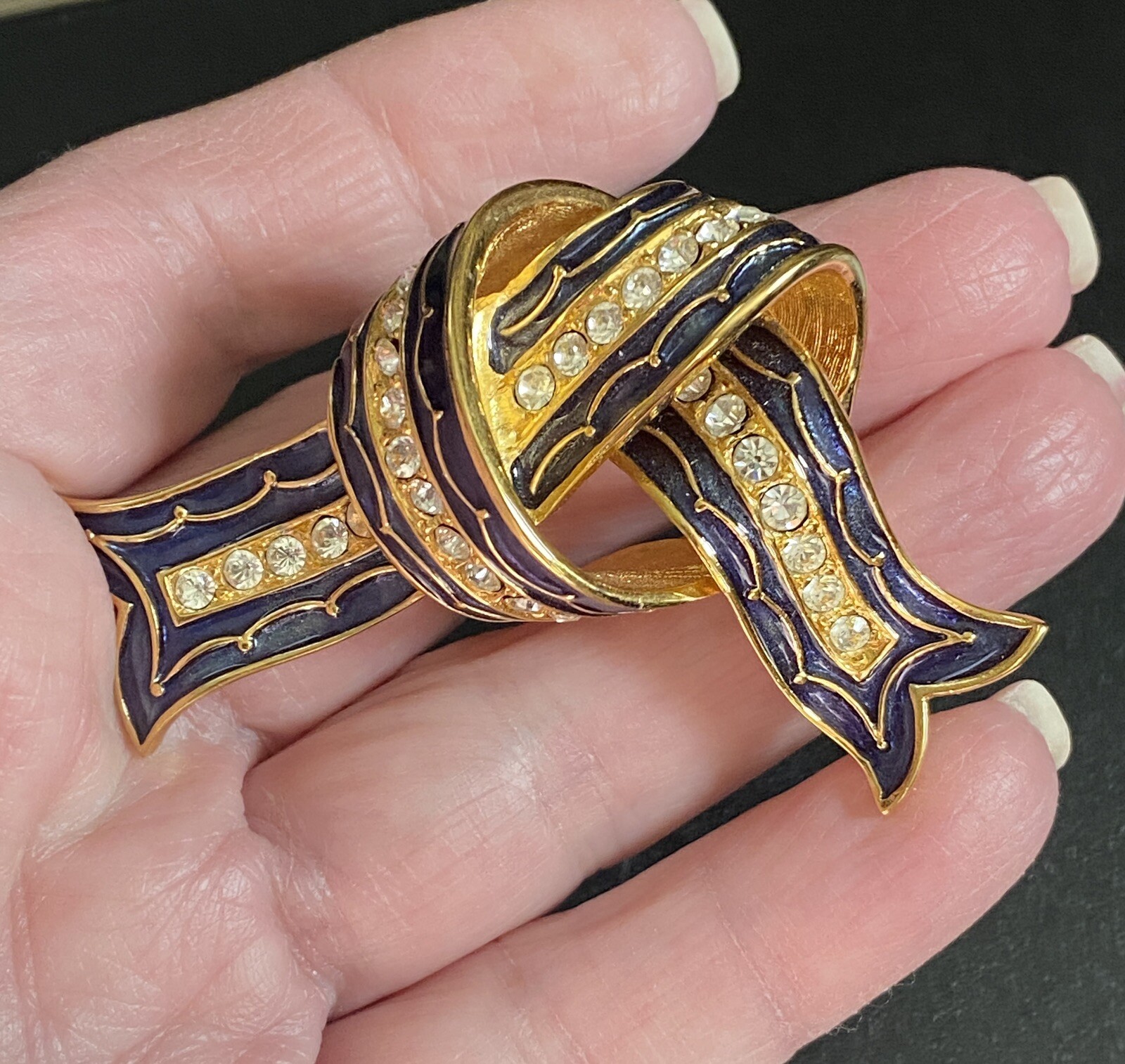 Joan Rivers Ribbon Pin Gold Blue Crystal Brooch