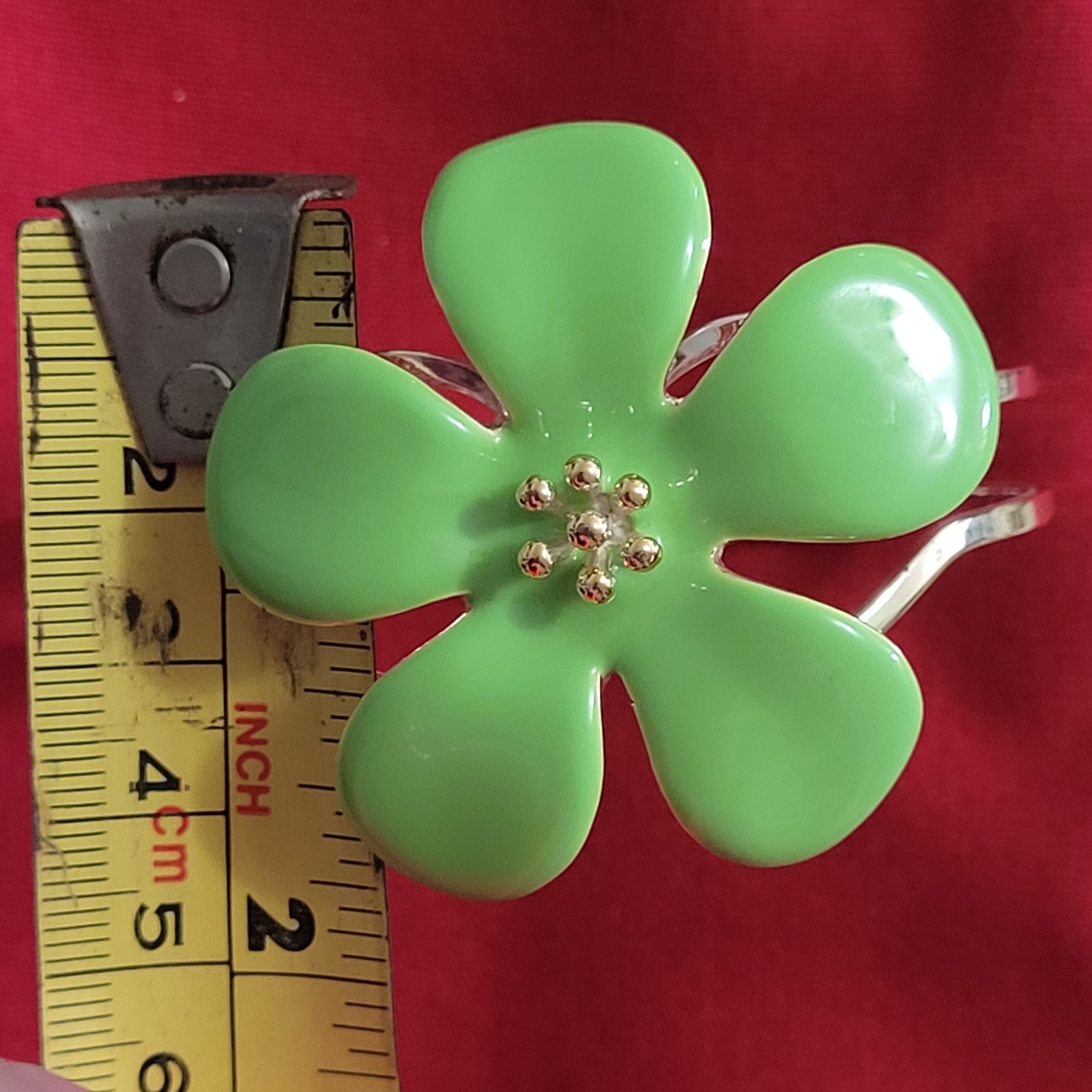 Y2K Lime Green Enamel Flower Hinged Bracelet Silver Tone Retro Statement BOHO