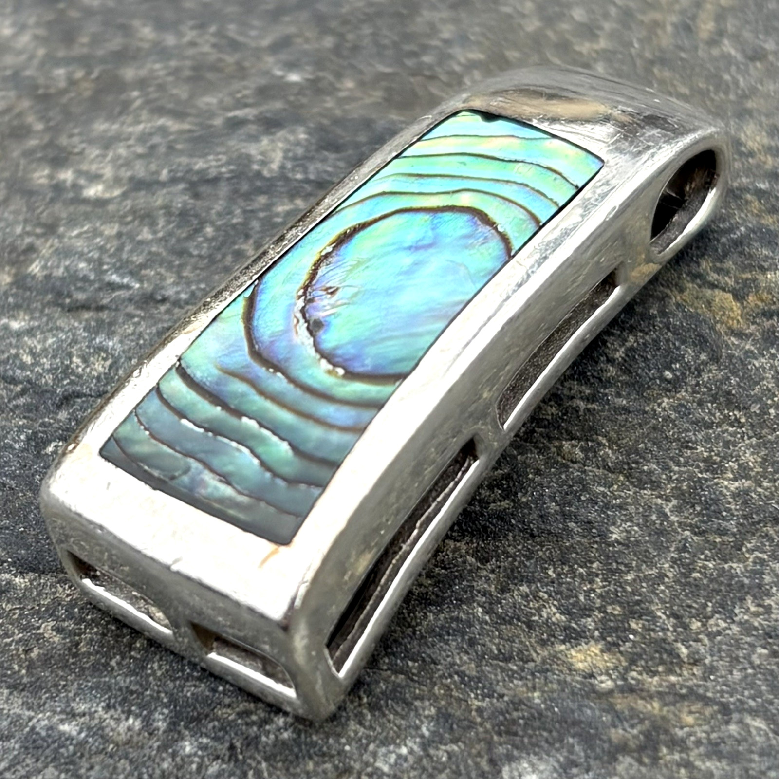 Vtg Sterling Silver Abalone Paua Shell Rectangle Bar Drop Modernist Pendant RARE