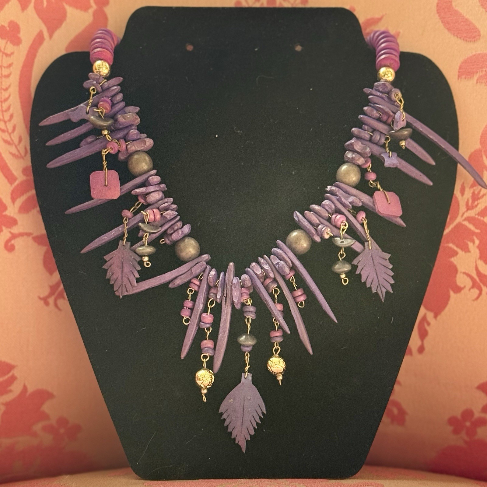 Vintage Funky Spike Purple Wood Leaf Beaded Necklace Tribal Festival Statement