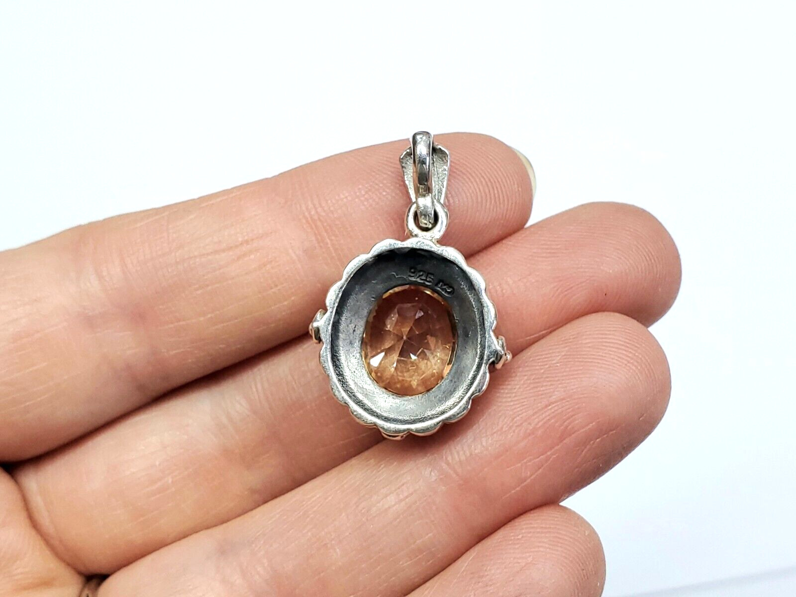 Vintage 1980s Signed Marsala Marcasite Faceted Peach Citrine Round Oval Pendant