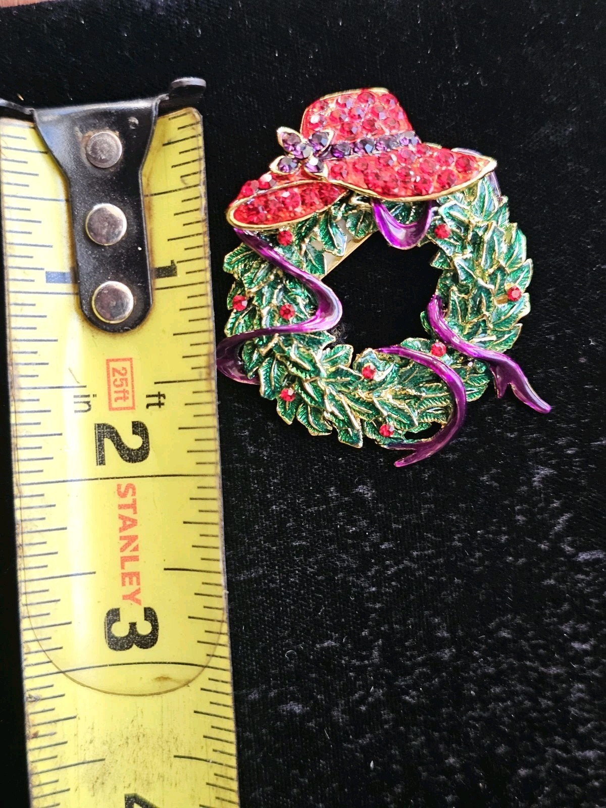 Vintage Red Hat Society Enamel Rhinestone Wreath Brooch Purple Ribbon