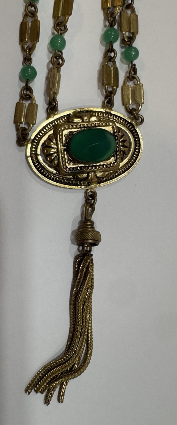 Antique Victorian Revival Green Chrysoprase Glass & Tassel Necklace Czech