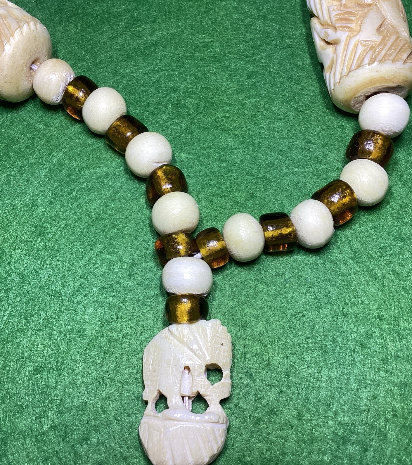 Vintage Elephant Theme Carved Bovine Bone & Amber Glass Beads 27” Necklace