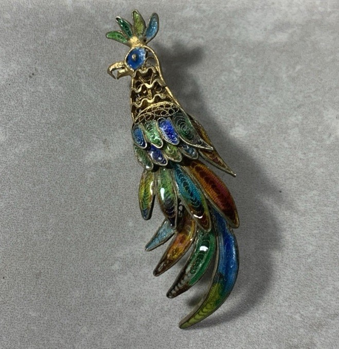 ANTIQUE CHINESE GOLD COLORFUL ENAMEL COCKATOO PARROT PIN 800
