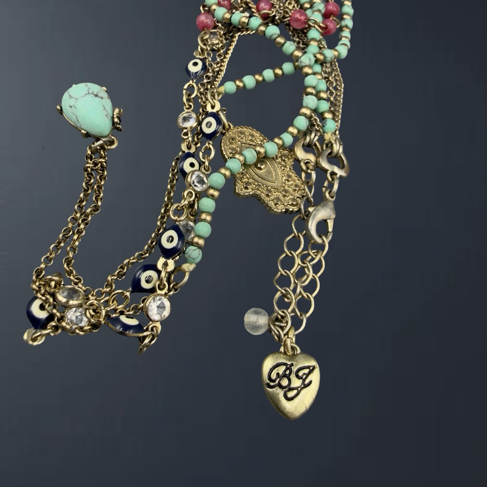 RETIRED Betsey Johnson 🎀 RHINESTONE Evil Eye Hamsa Layered Necklace Turquoise