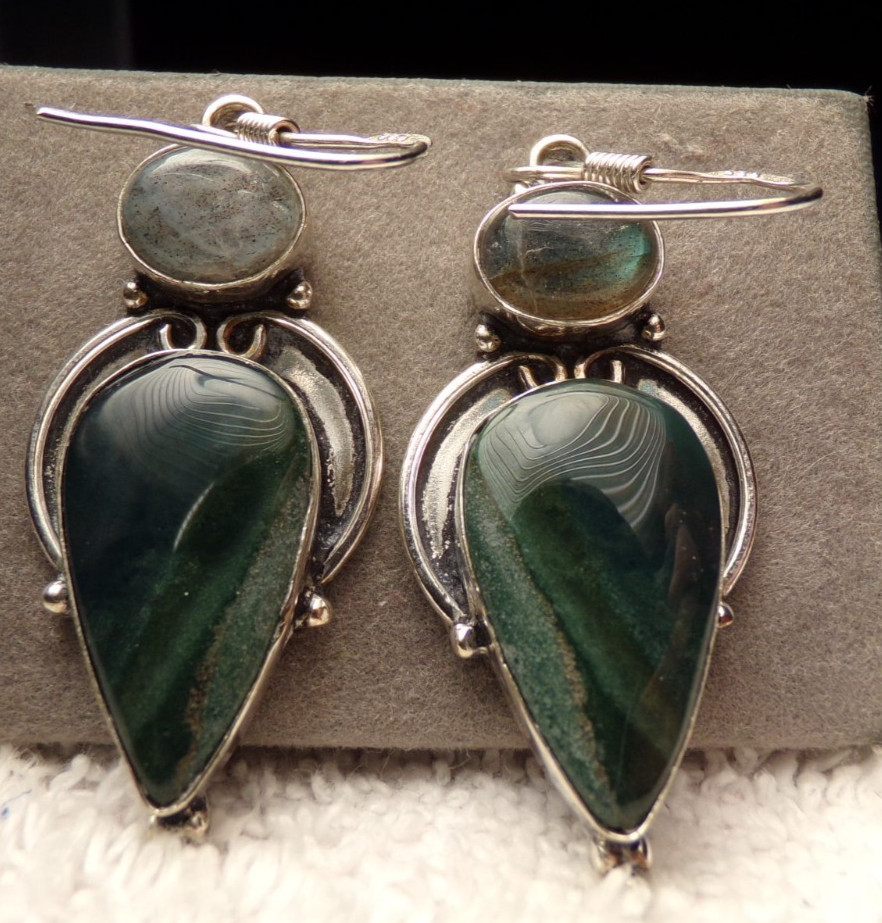 VTG STERLING SILVER LABRADORITE JASPER STONE ETRUSCAN LRG DROP PIERCE EARRINGS