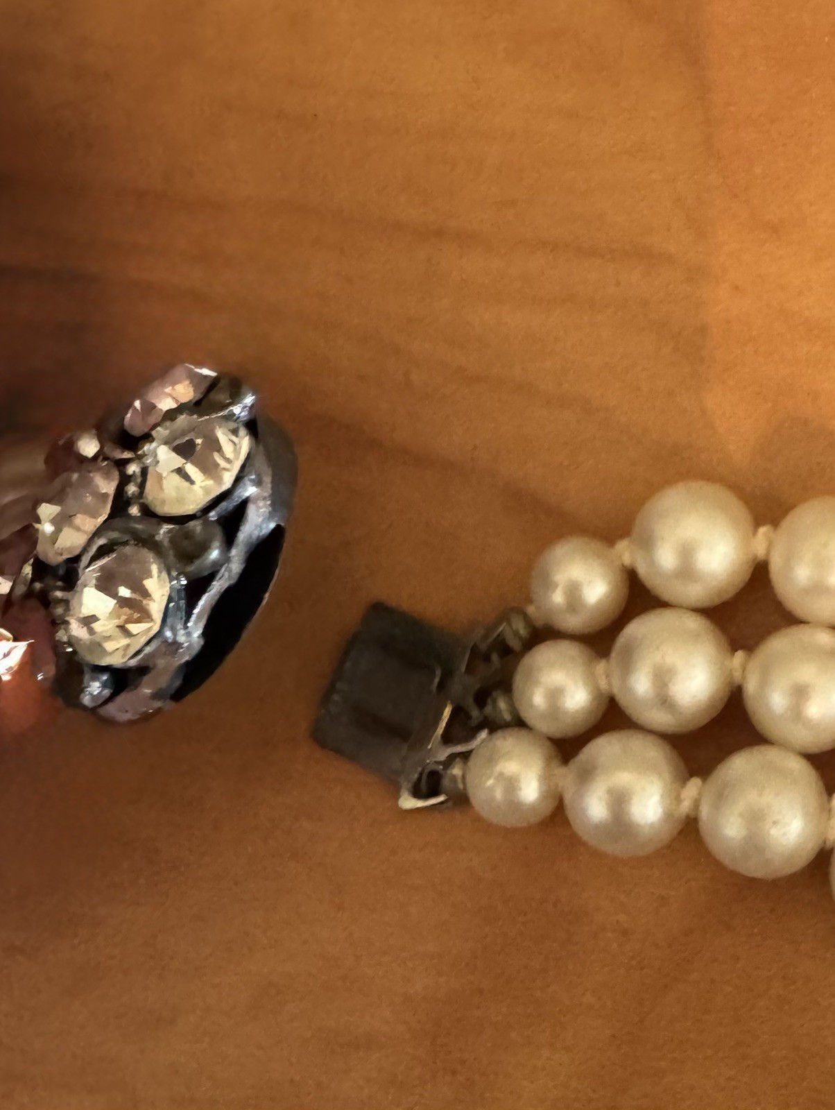 Antique Three Strand Hand Knotted Pearl Graduated Necklace Rhinestone Clasp