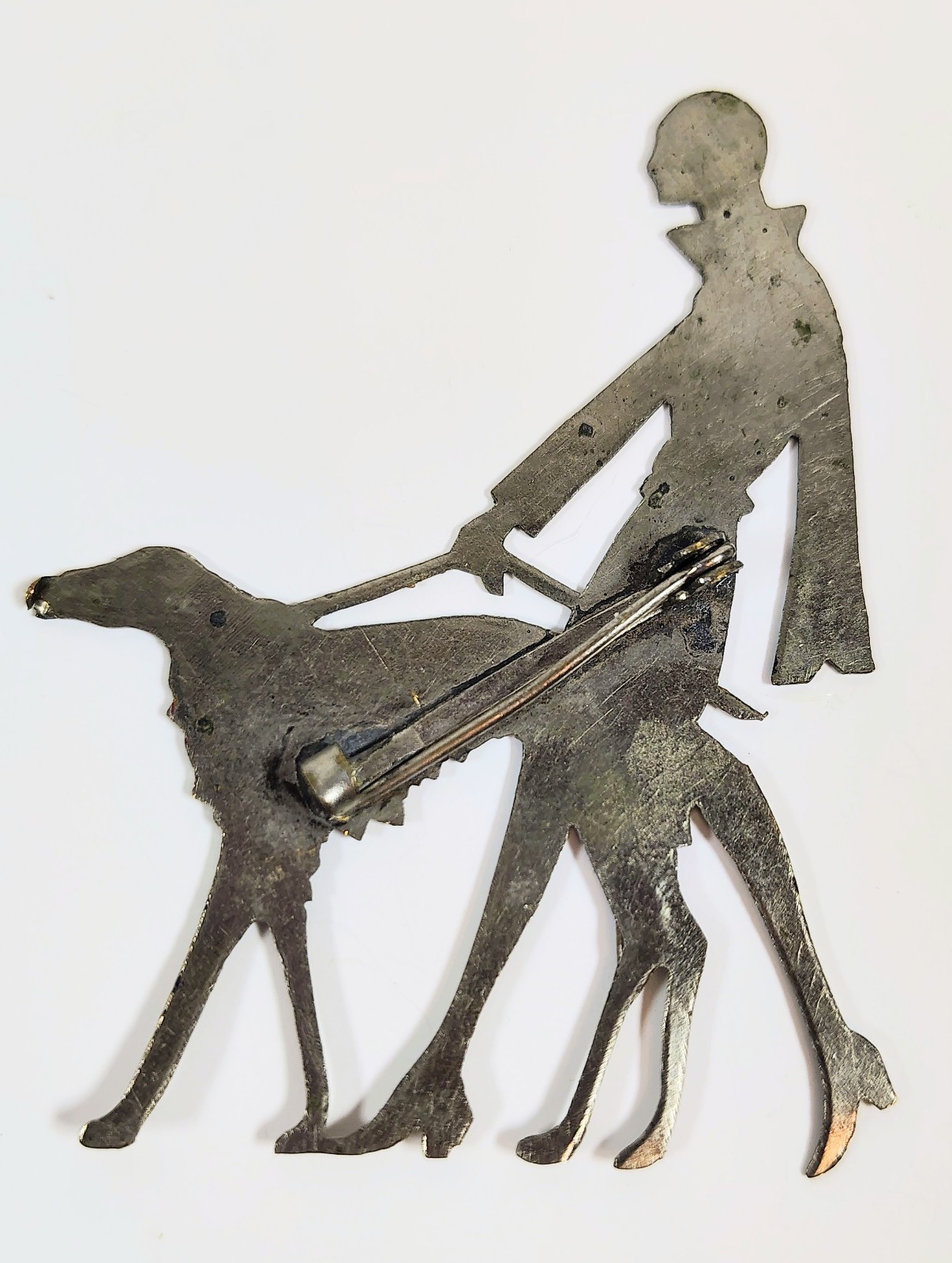 Vtg 1920s Vogue Art Deco Lady Walking Dog Brooch Pin Borzoi Antique Silver Tone