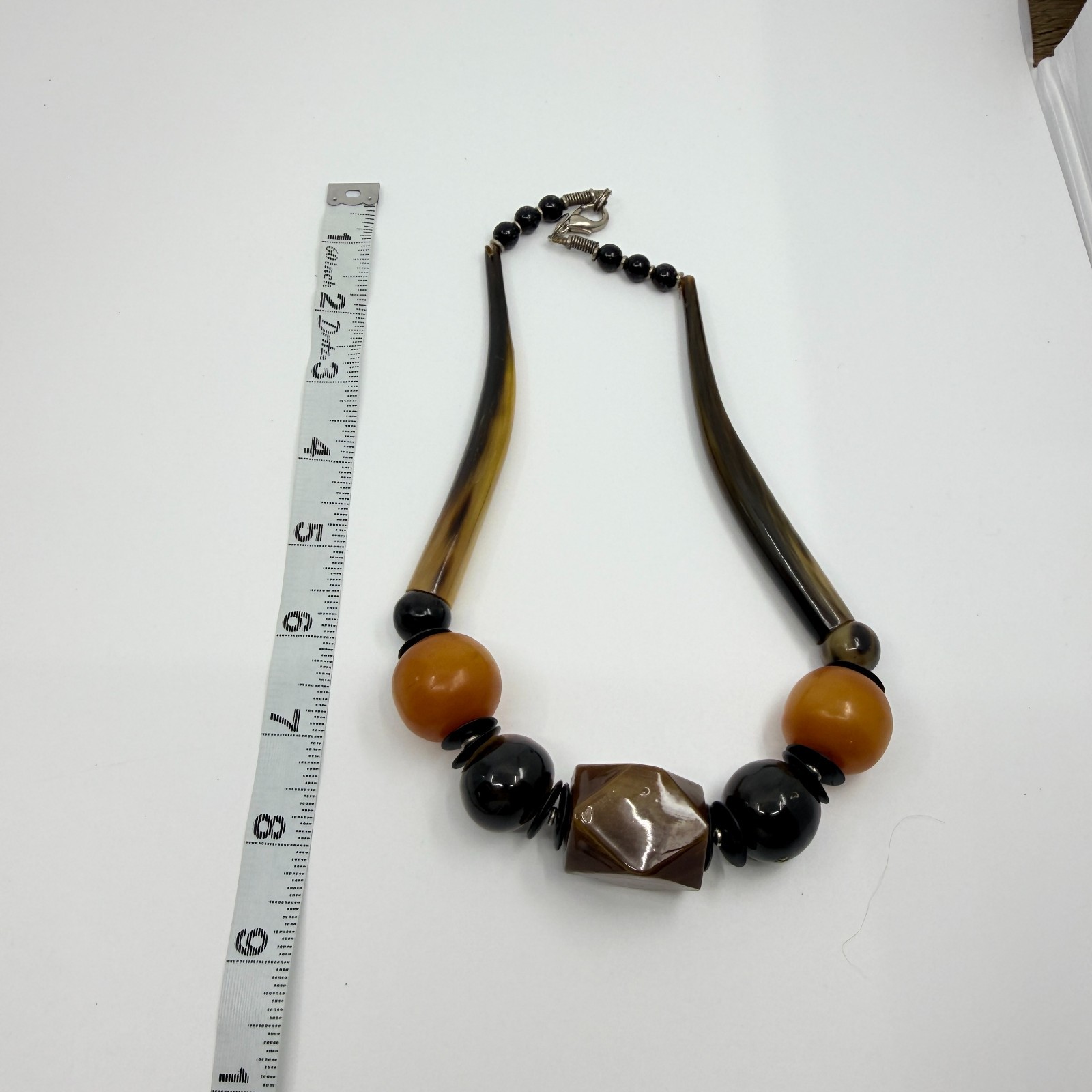 Vintage Chunky Resin Faux Horn Tusk Geometric Bead Statement Necklace Boho 90s