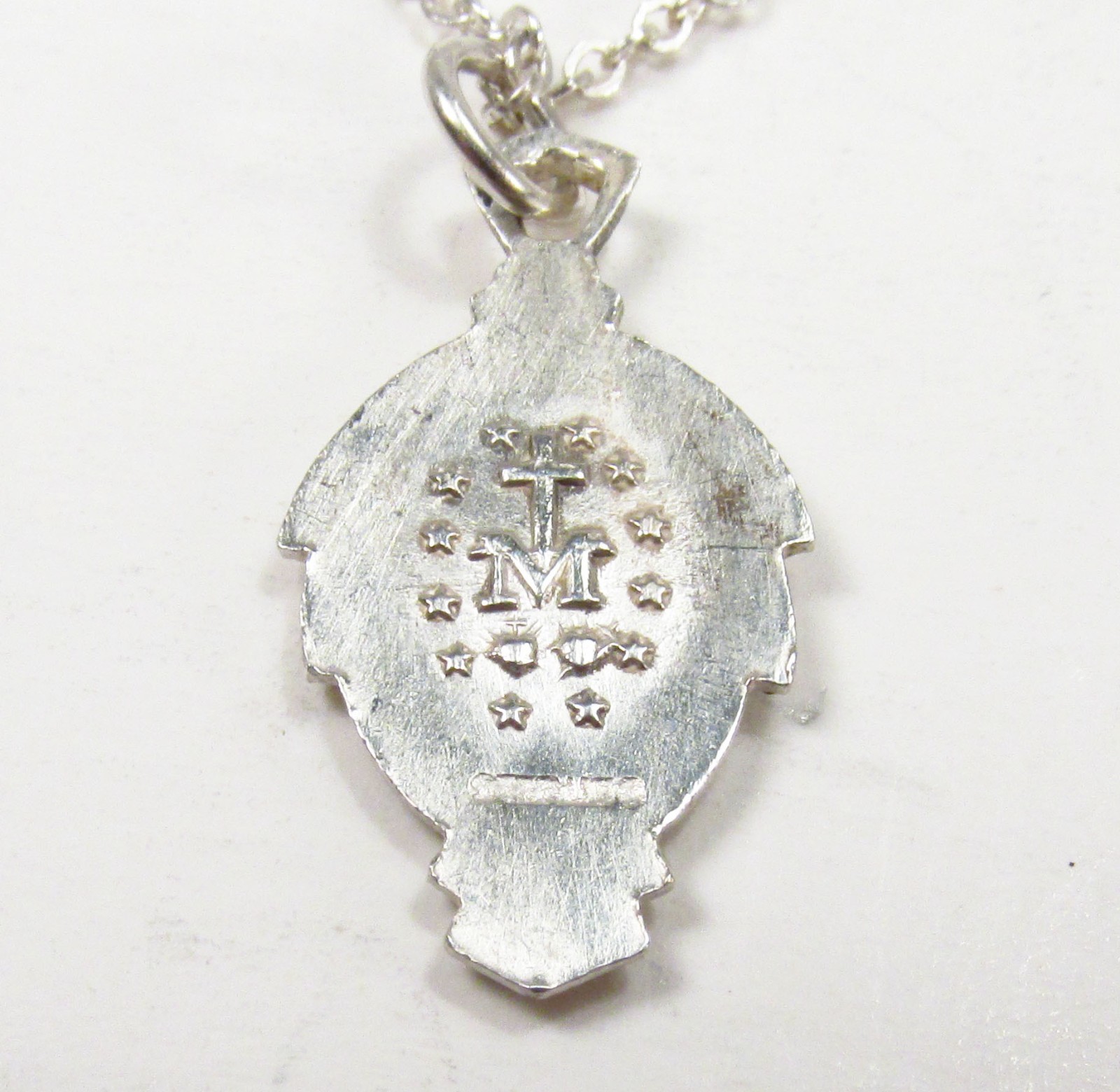 Vtg Catholic Miraculous Medal Sterling Silver Blue Enamel Art Deco Necklace 18″