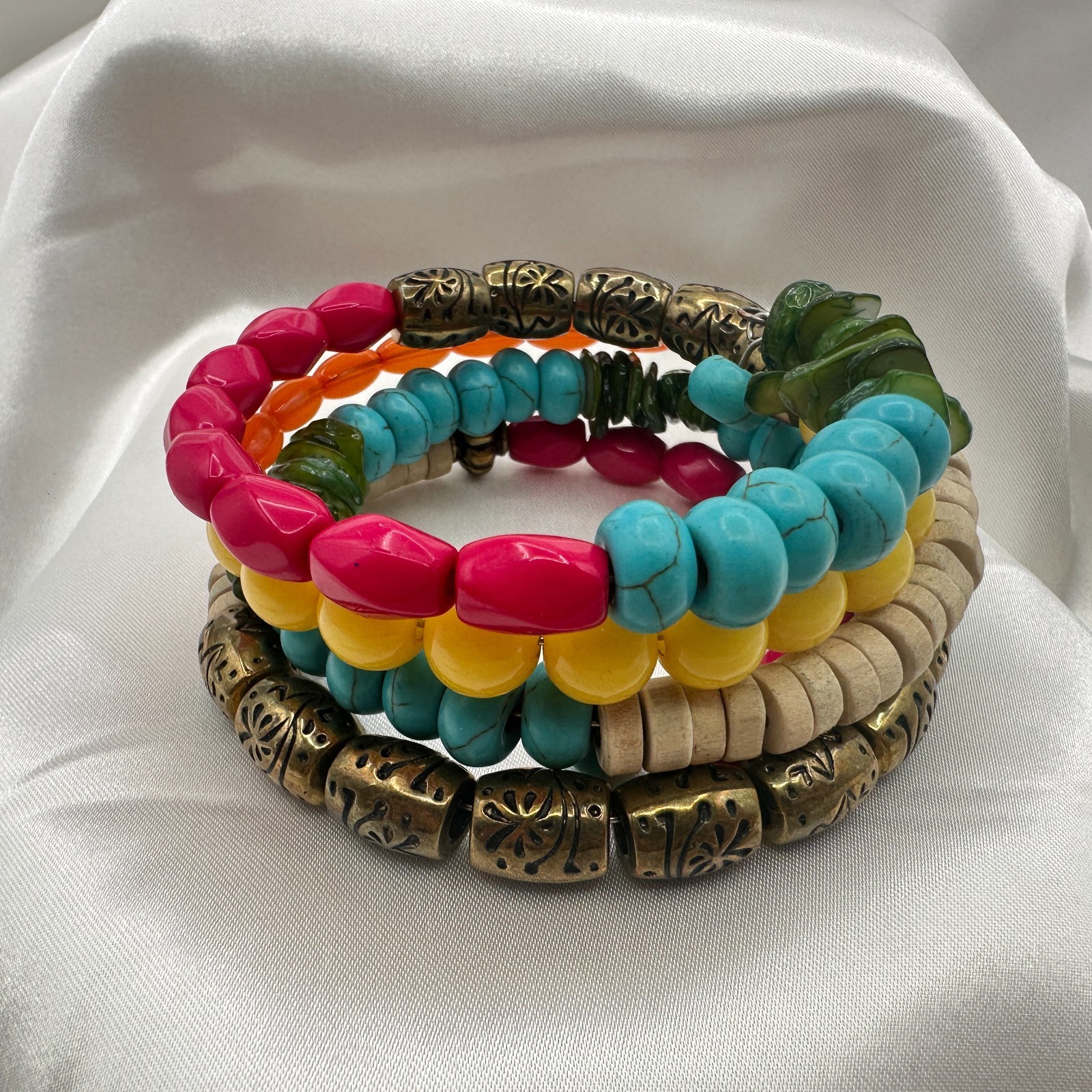Vintage 90s Multi-Strand Wrap Bracelet Colorful Glass Wood Metal Bead Jewelry