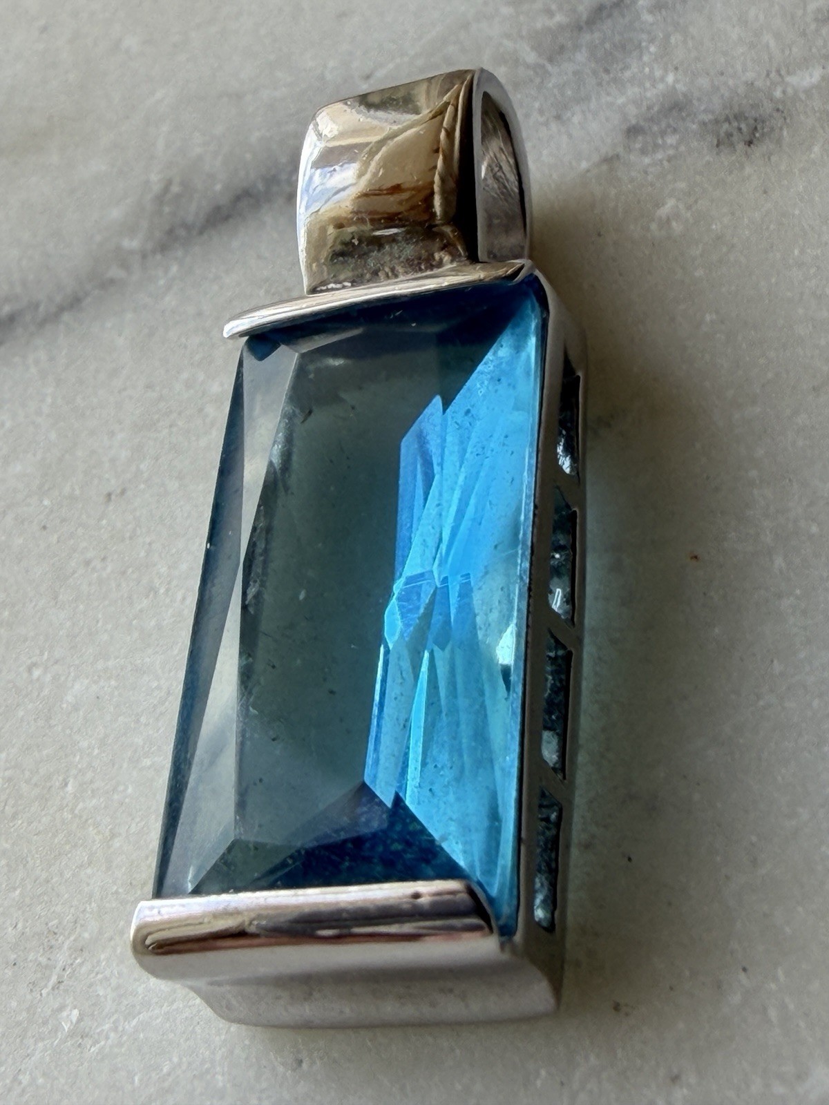 Vintage silver tone blue glass crystal pendant Statement piece