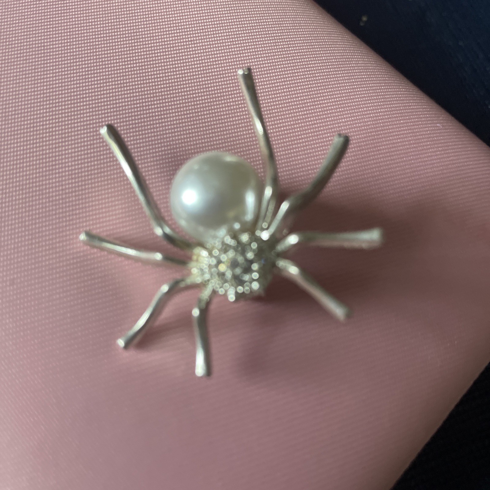 Silver Tone Spider Brooch With White Faux Pearl Body Rhinestone