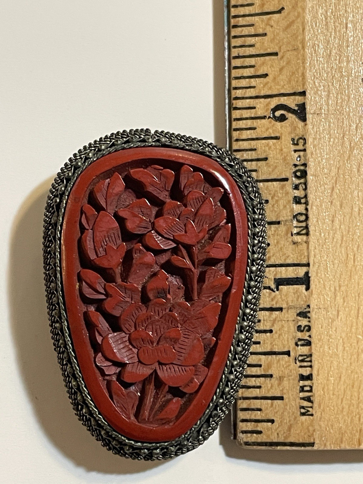 Vintage Hand Carved Red Coral & Brass Scarf/Dress Clip, About 1 3/4”