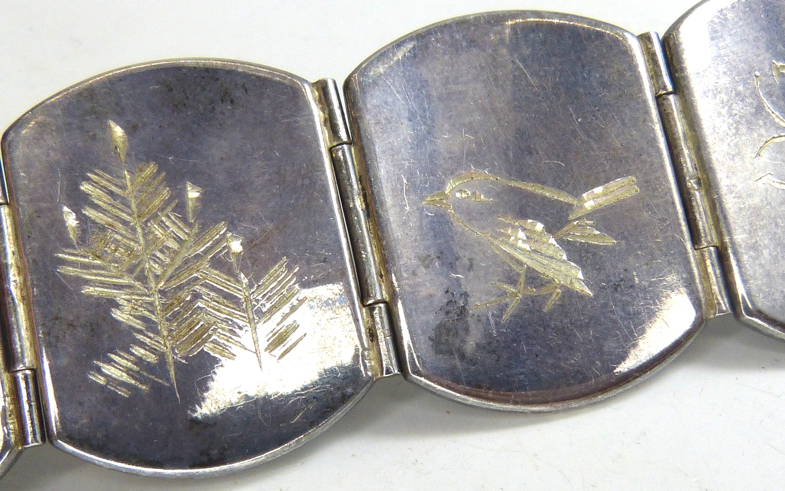 Large Antique Japanese Sterling Silver Bracelet W Mixed Metal Damascene Designs