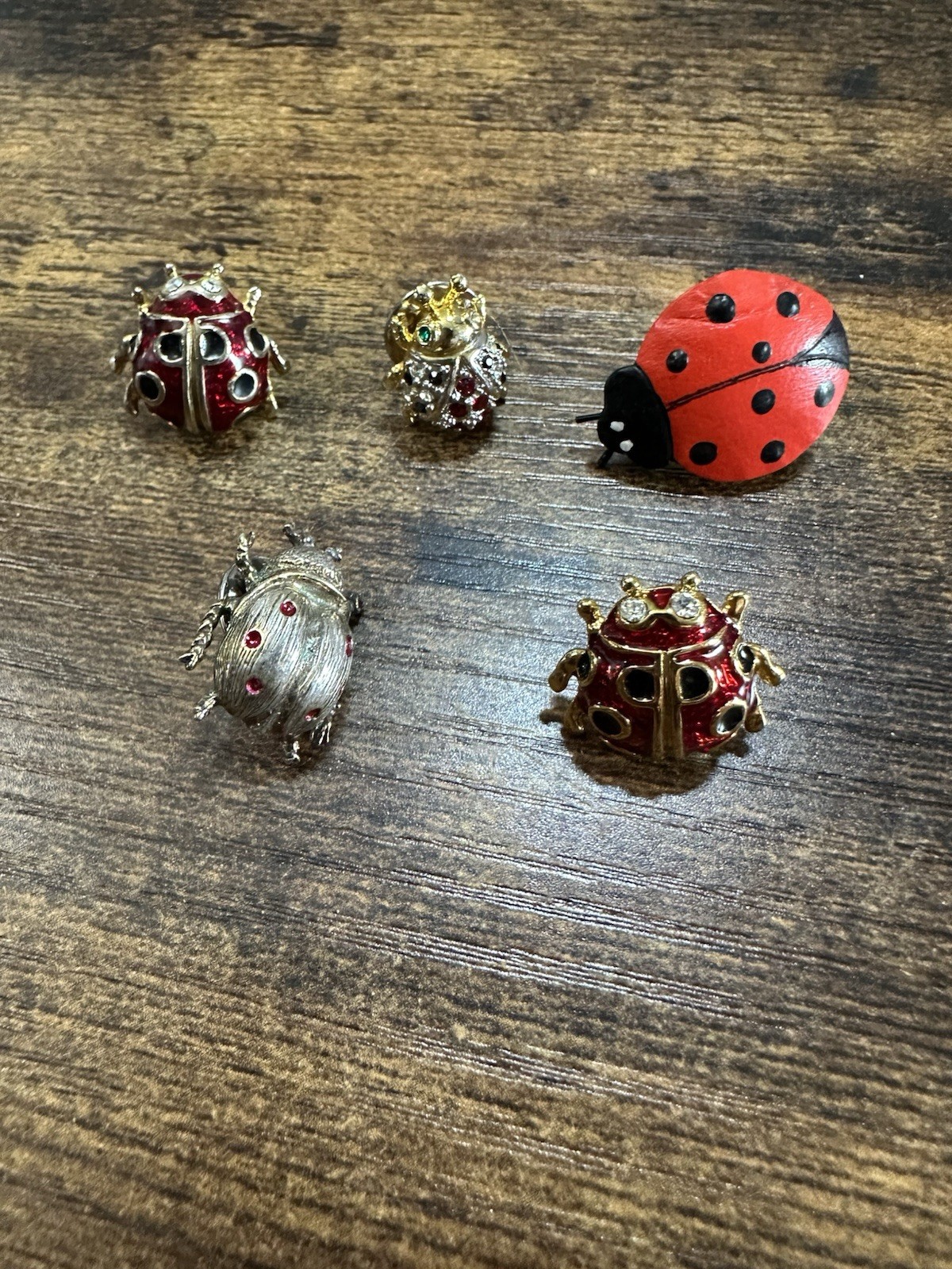 Lot 5 Ladybug Beetle Brooch Pins Enamel Rhinestone Leather Insect