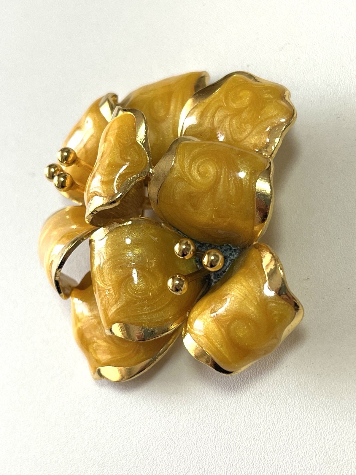 Vintage Gold Tone Floral Brooch with Yellow Enamel Finish