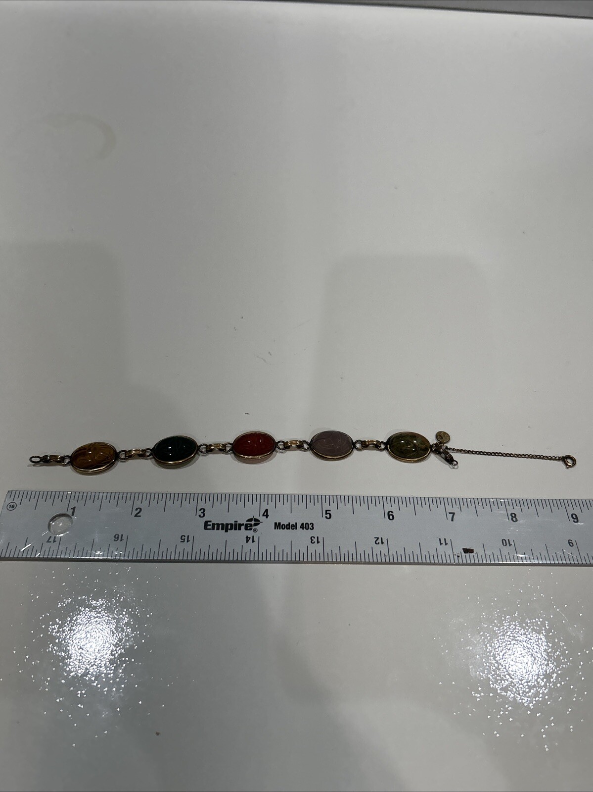 12 K Gold Filled AC Scarab Bracelet Egyptian Revival Carved Stones Needs Repair