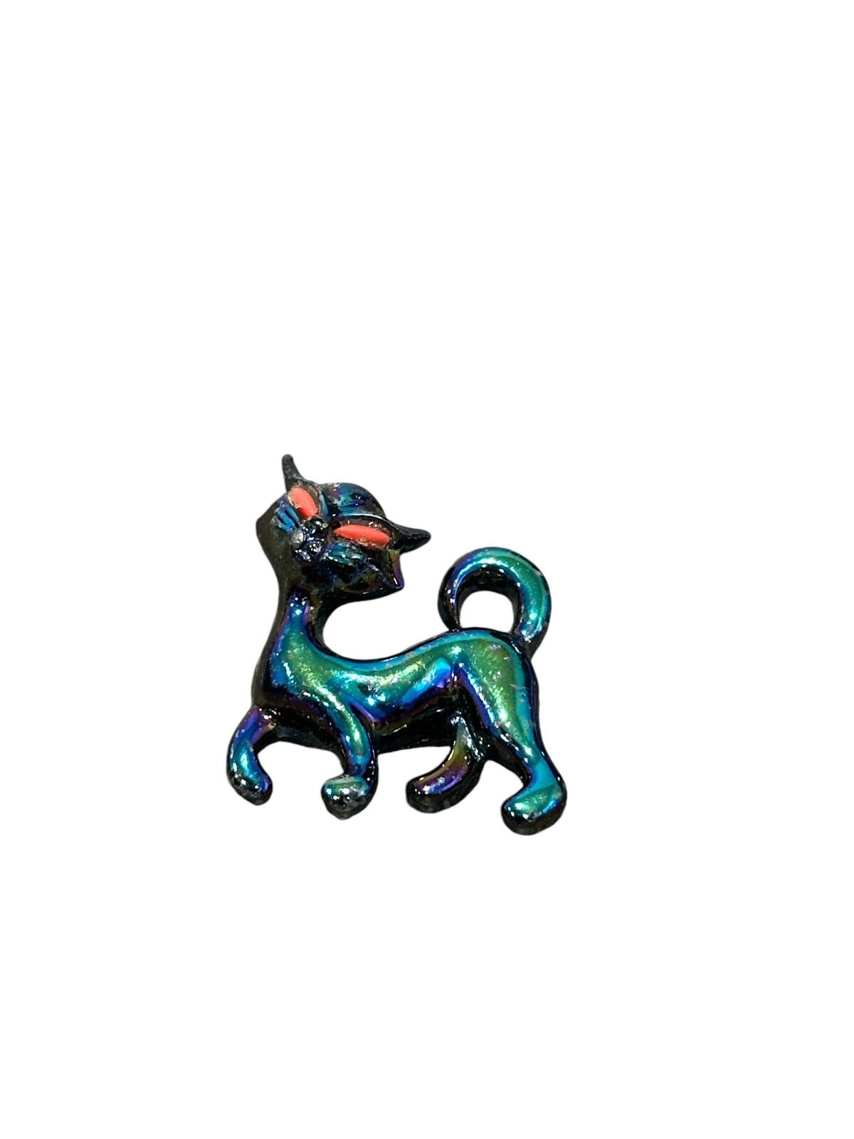 Vintage Iridescent Lusterware Cat Scatter Brooch Pin Red Eyes Oil Slick