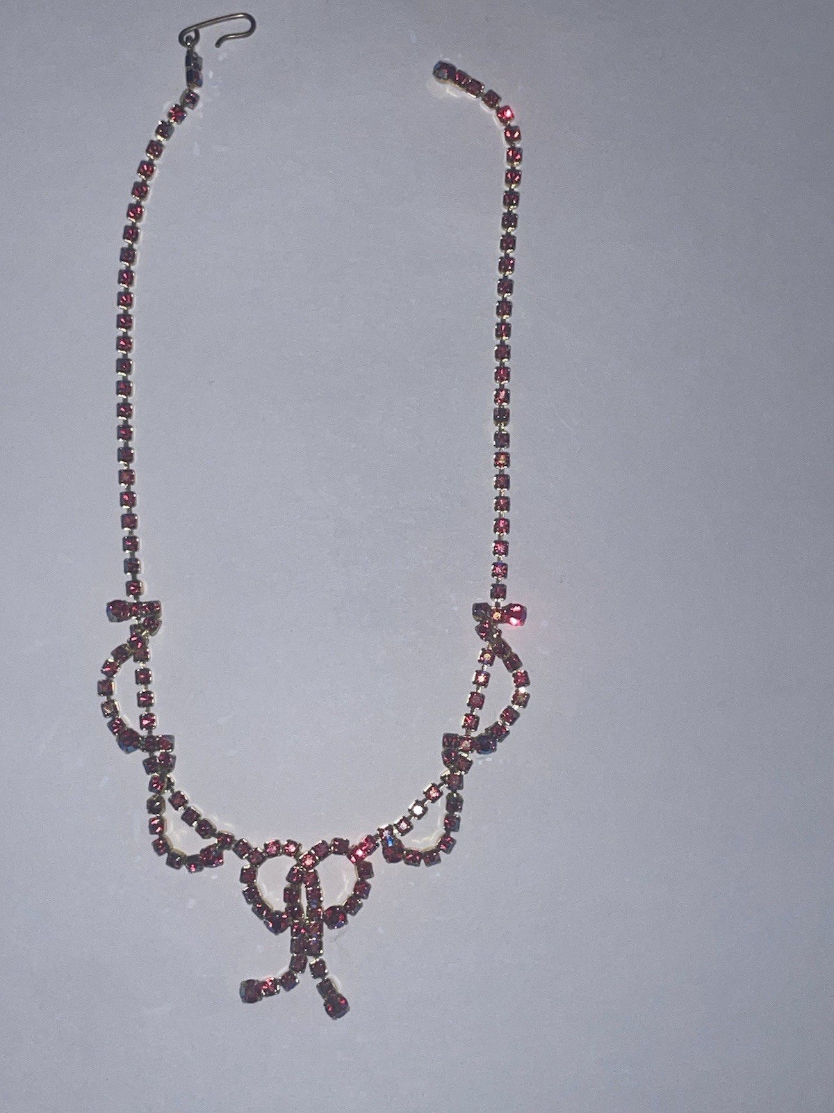 Vintage Red AB Rhinestone Necklace Mid Century Gold Tone Statement Piece Bow