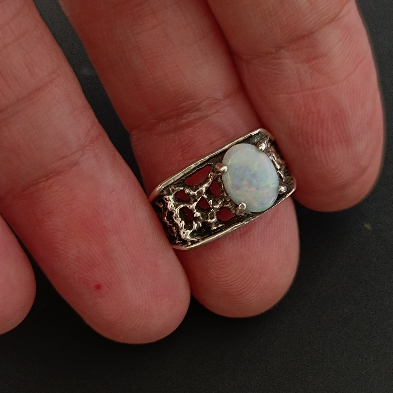 Vintage Opal Ring Silver Brutalist Modernist Israeli Men’s Pinky Women Abstract