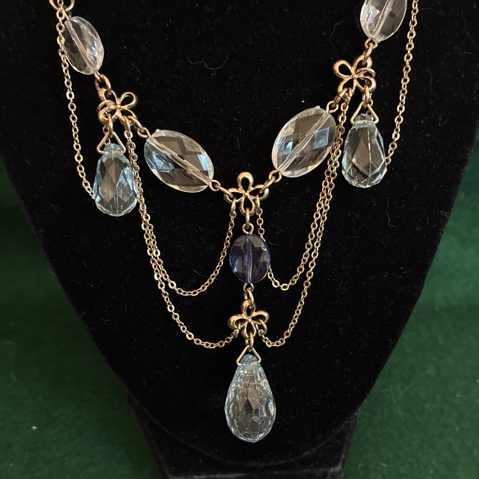 Edwardian Revival Gold Tone Necklace Ice Blue Faceted Teardrop Crystals Dangle