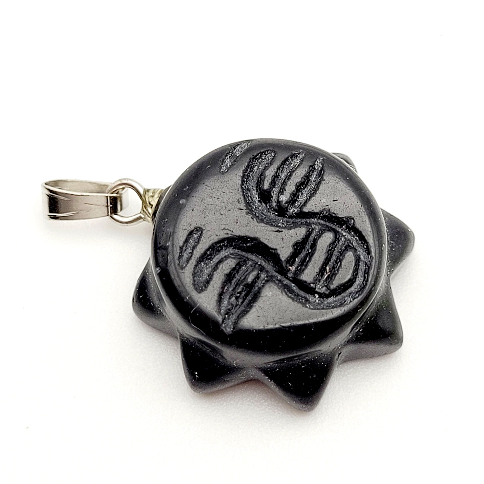 Obsidian Sun Face Black Carved Stone Silver Tone Bail Pendant Charm No Chain