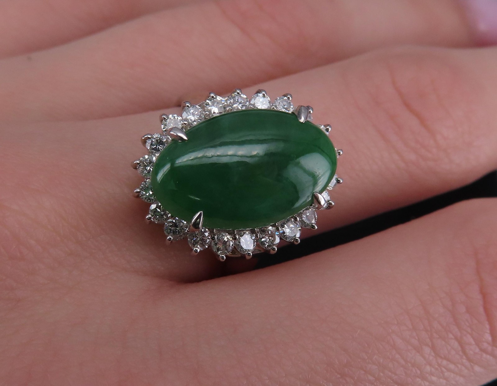 5.95ct Natural Green Jadeite Jade 0.75ct Diamond Platinum Ring Size 8.5
