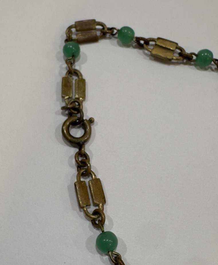 Antique Victorian Revival Green Chrysoprase Glass & Tassel Necklace Czech