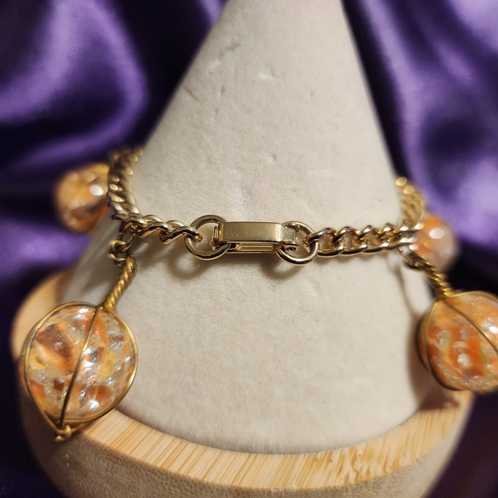 Orange Crackle Glass Orb Wire Wrapped Charm Bracelet Size 6.5