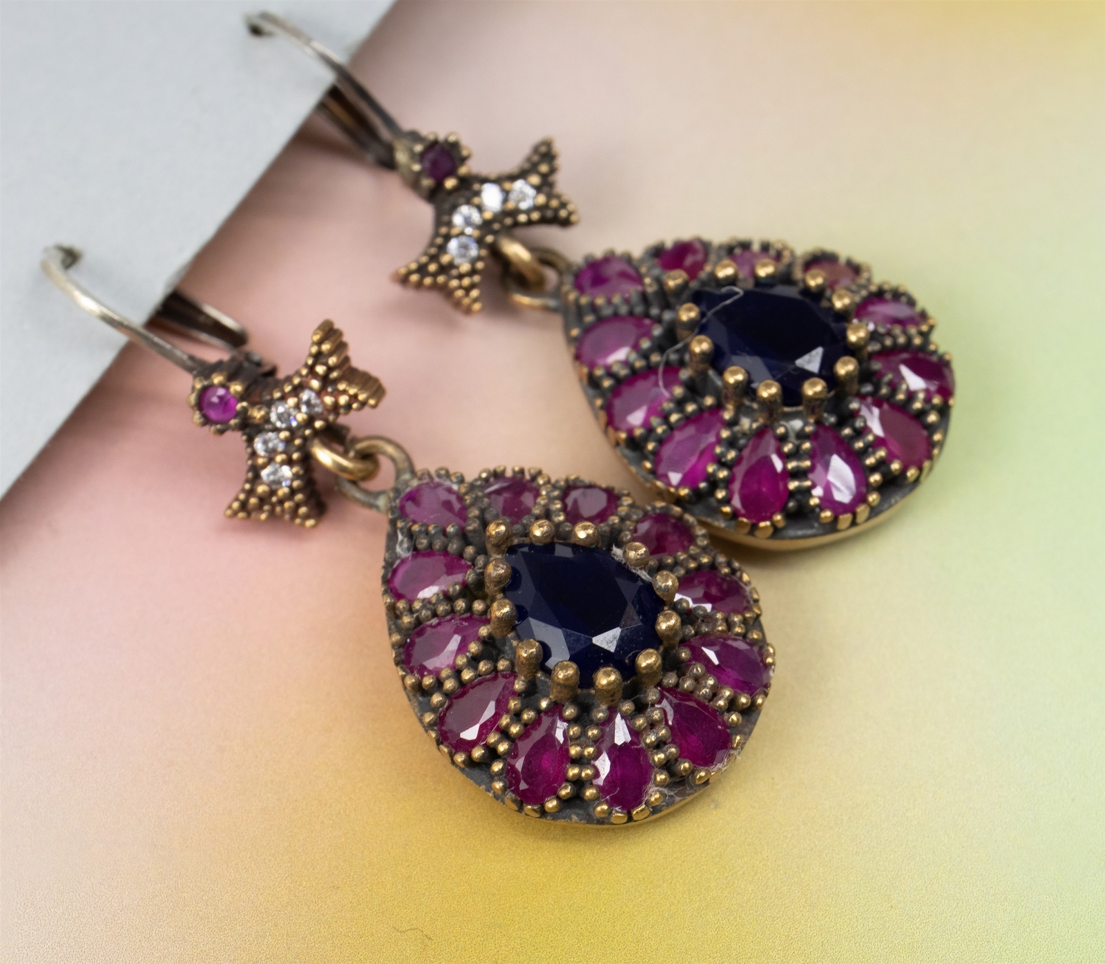 Lab Created Sapphire & Ruby Pear Drops Vintage Sterling Silver Earrings 15.9g