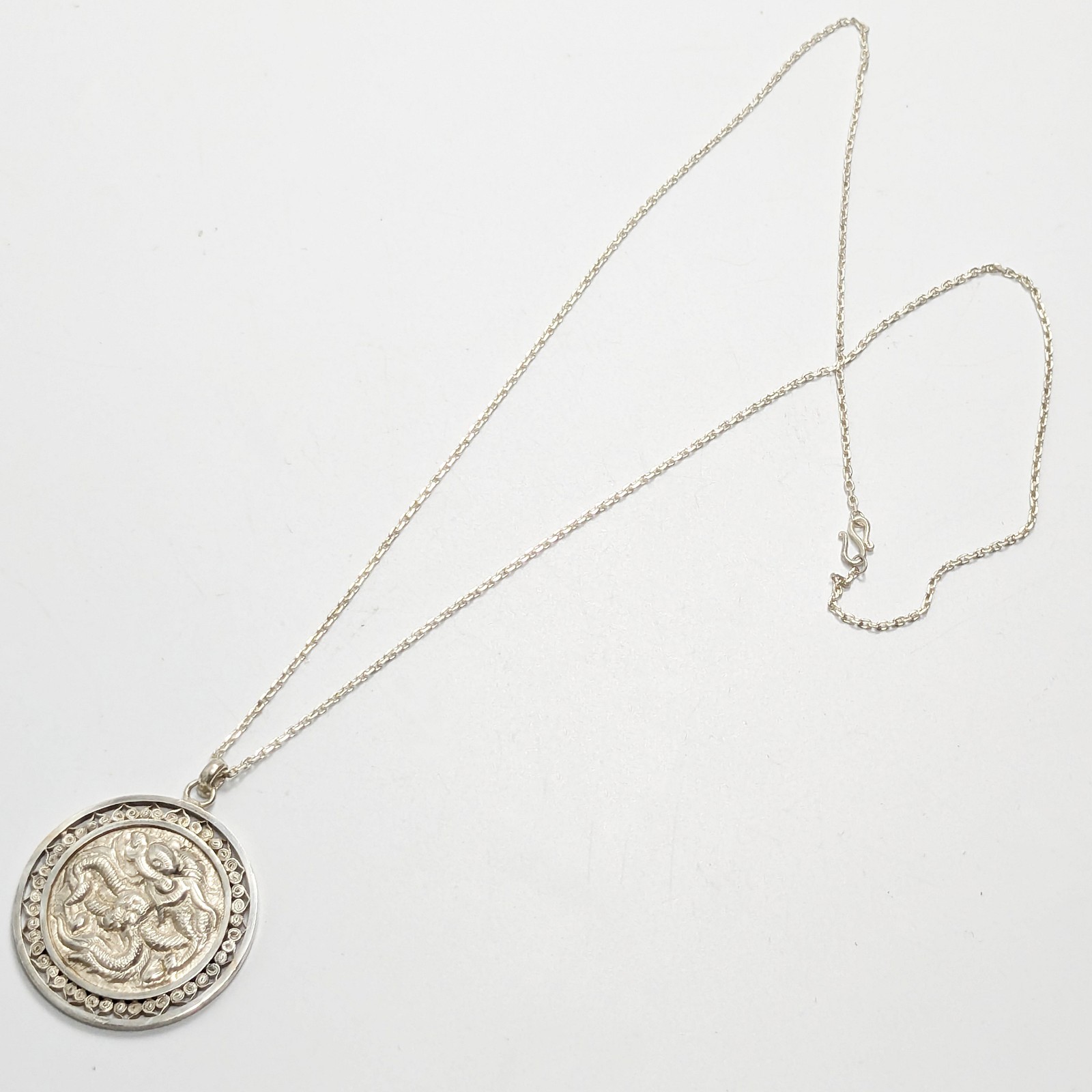 Vintage Antique Chinese 900 Silver Dragon Filigree Pendant Necklace Happiness