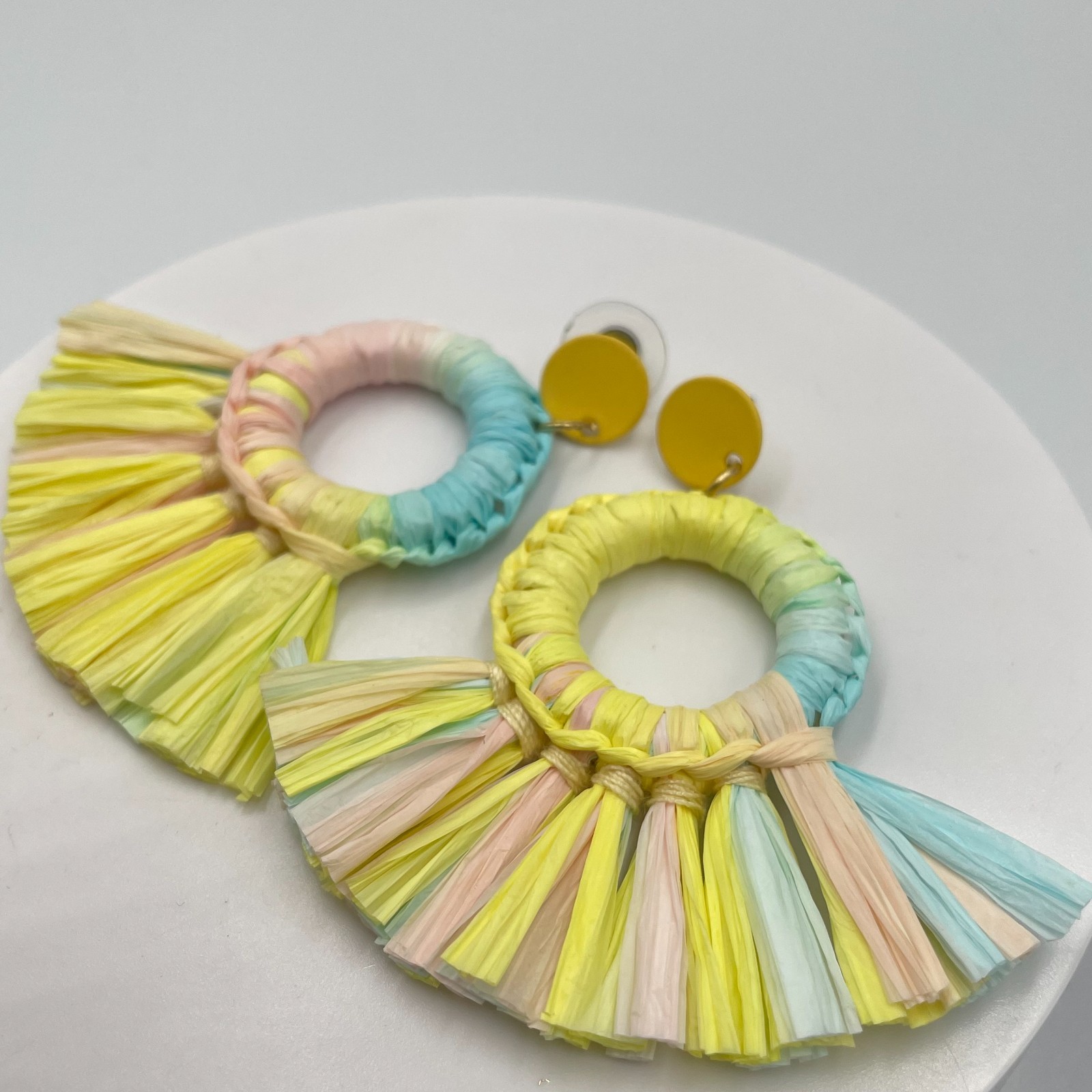 Vintage Pastel Multi-Color Straw Woven Raffia Hoop Drop Fringe Statement Earring