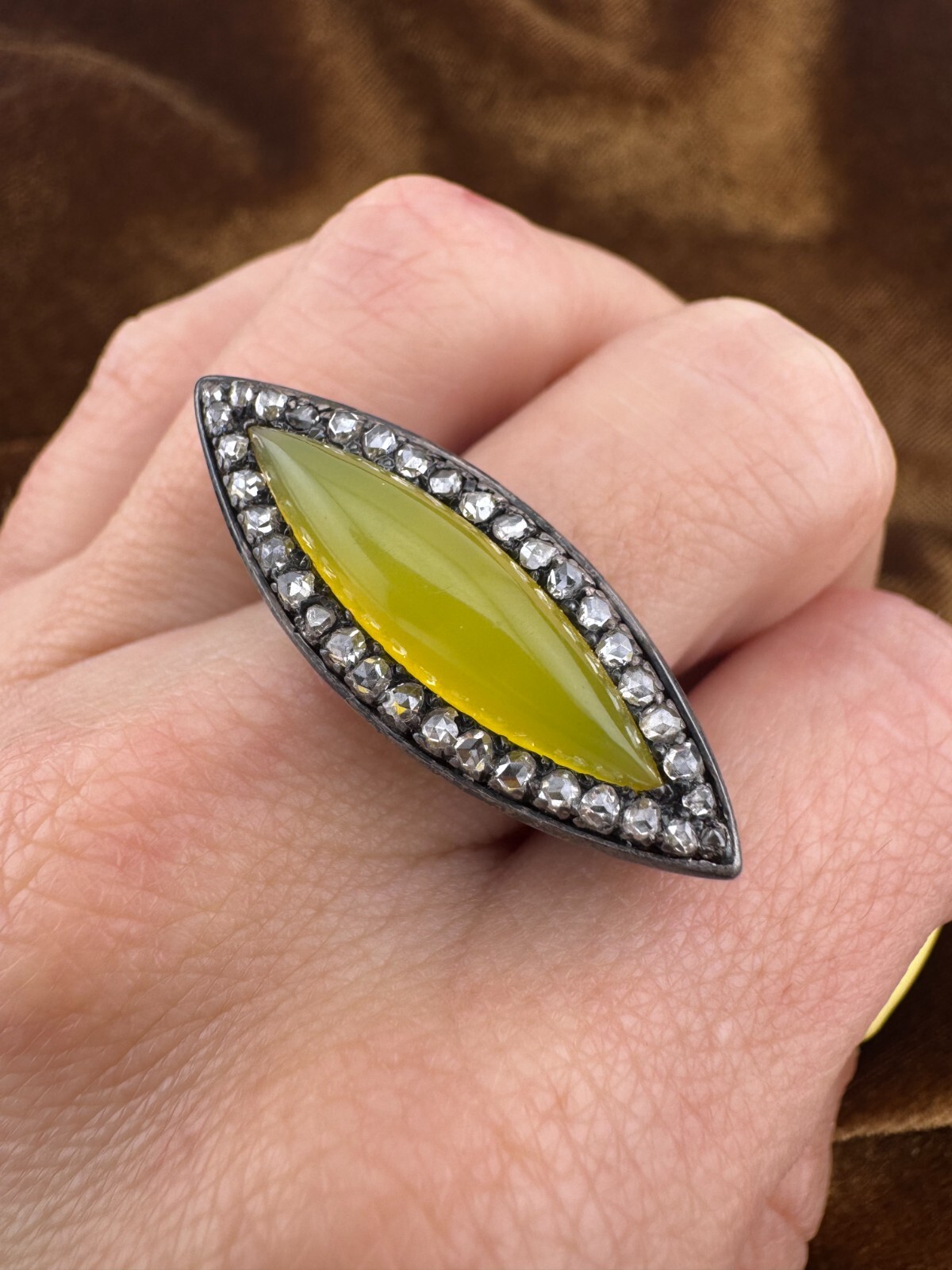 Art Deco Vintage 925 Sterling Silver Rose Cut Diamond Ring with Yellow Gemstone
