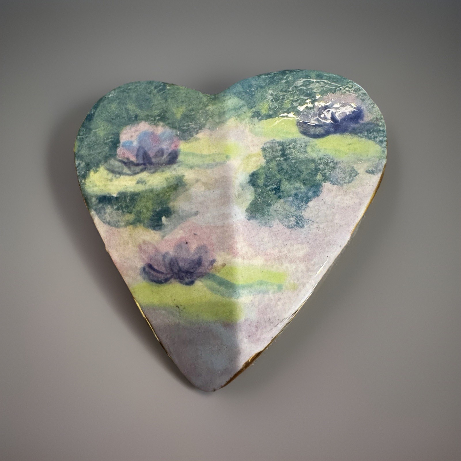 Ceramic Hand Painted Landscape Gold Trim Heart Shaped Brooch Purple Green White