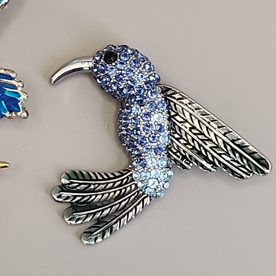 Hummingbird Brooch Lot of 3 Blue Rhinestones Enamel 1.5-2″