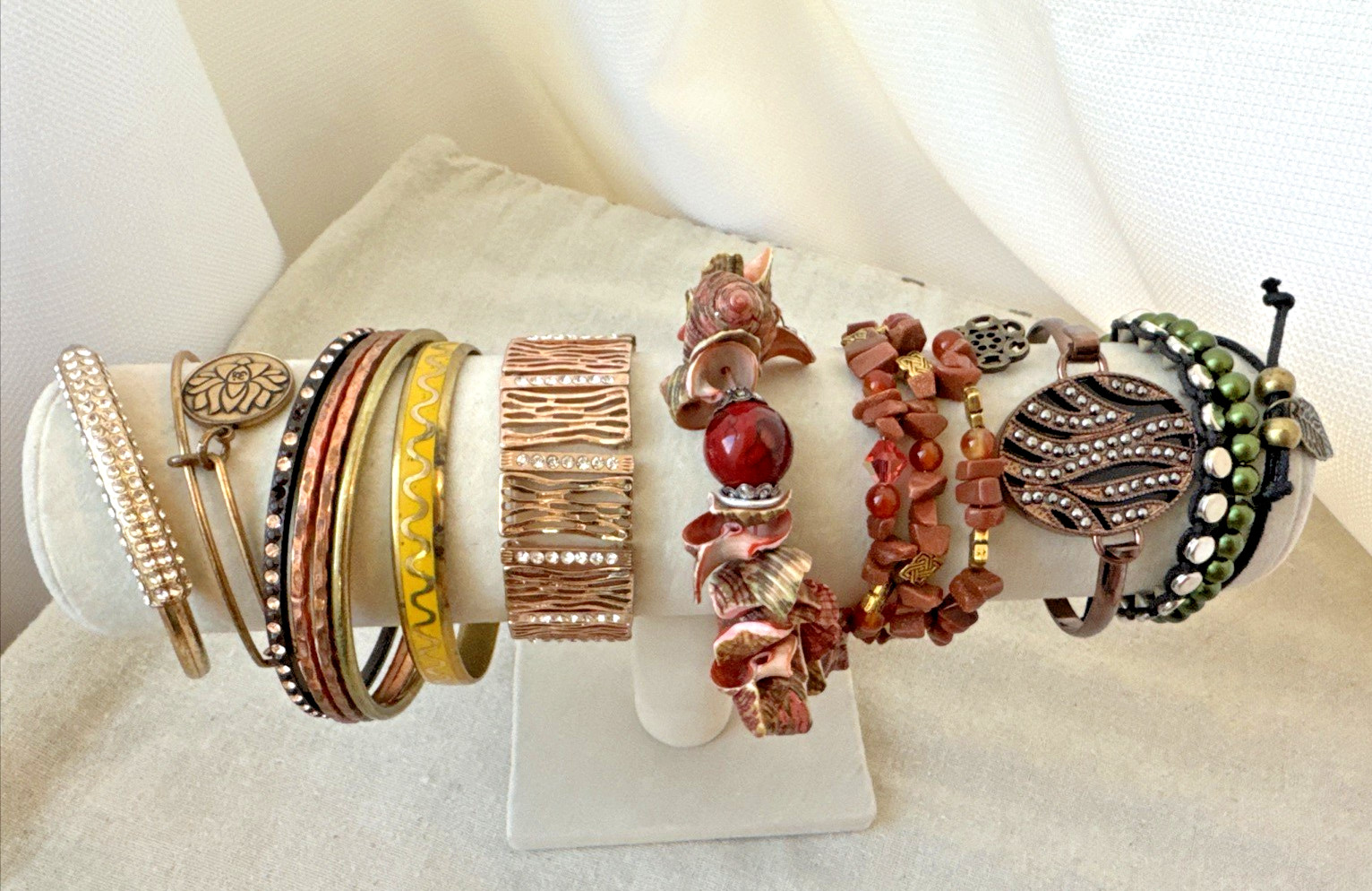 14 Bracelets earthtones glass beads shell textured Goldstone Lot boho 90s hippie