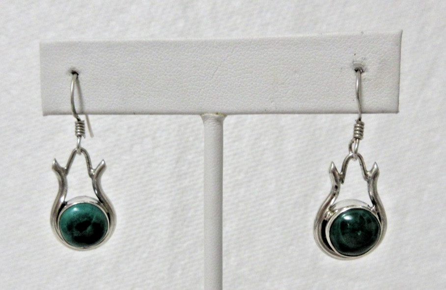Vintage Sterling Silver Malachite Dangle Pierced Earrings