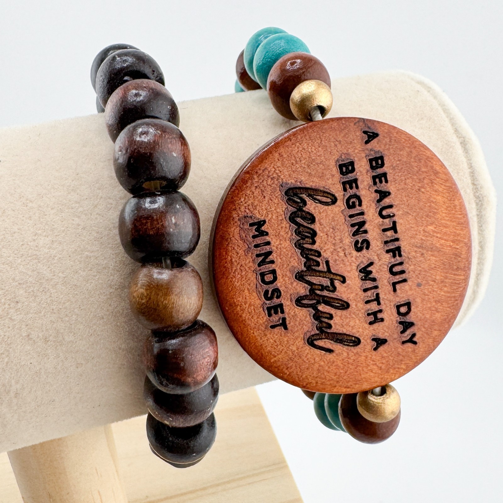 Wood Bead Bracelet 2 Set Stretch Stack Boho Quote “Beautiful Mindset” Earthy