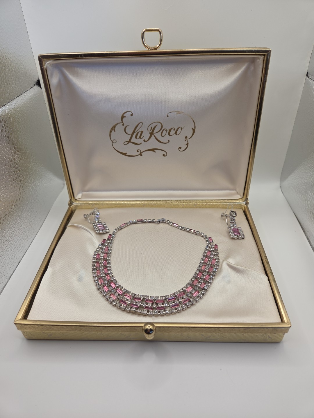 La Roco 1950’s Triple Row Baguette Collar Crystal Pink White Rhinestone Set Box