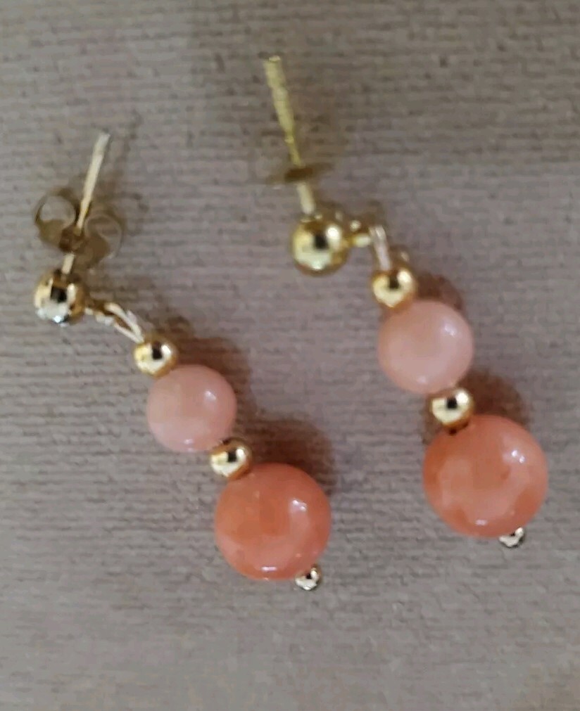 VINTAGE CORAL BEAD 1 1/4″ DANGLE PIERCED EARRINGS, 1/20 GOLD FILLED