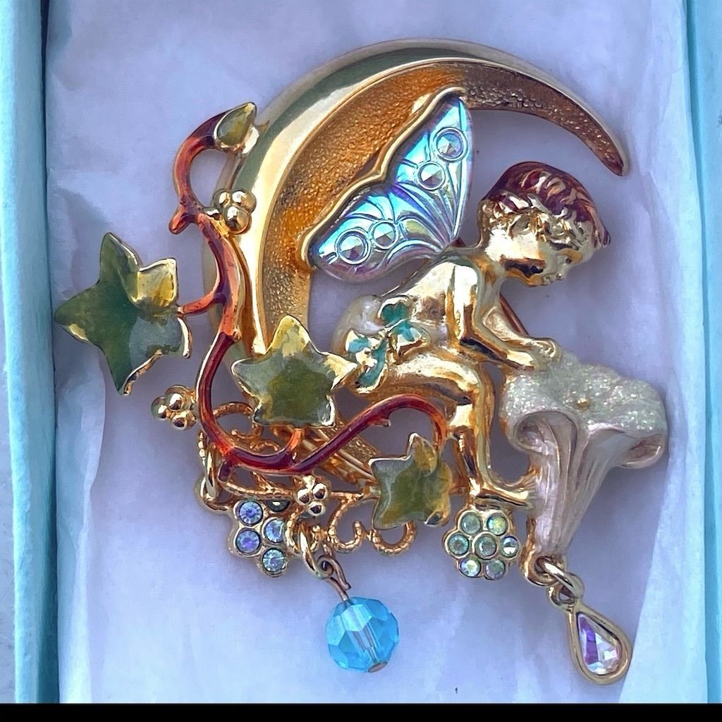 Vintage Kirks Folly Gold Fairy on Crescent Moon Dangle Brooch w/ Charms
