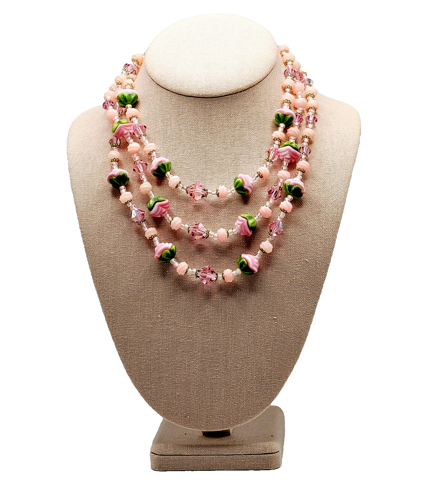 Triple Strand Glass Pink Rosette Green Bottom Rosebuds Bicone Crystal Necklace