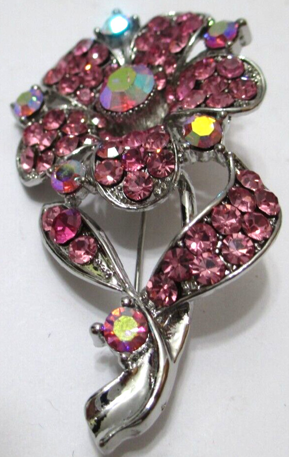 Vintage Unsigned Beauty Flower Brooch AB Pink Rhinestones Silvertone 2 1/2″ T